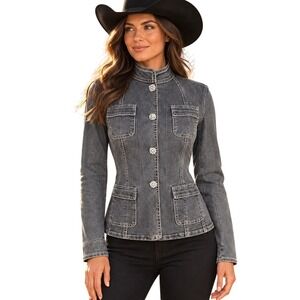 Tahari Petite Small Gray Denim Jacket Rhinestone Floral Buttons Y2K Western Glam